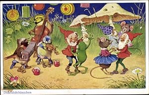 Künstler Ansichtskarte / Postkarte Baumgarten, Fritz, Zwerge tanzen mit vermenschlichten Tieren, ...