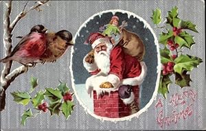 Präge Ansichtskarte / Postkarte Glückwunsch Weihnachten, Weihnachtsmann mit Geschenkesack steigt ...