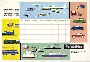 Bild des Verkufers fr Stundenplan Versicherung Alte Volksfrsorge, Flugzeuge Autos Eisenbahn Schiffe um 1960 zum Verkauf von akpool GmbH