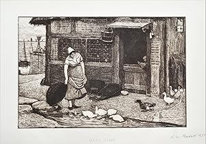 MEAL-TIME Feeding ducks, R.W.Macbeth, original etching antique print 1880