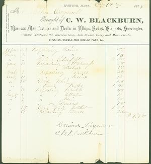 C. W. Blackburn, Harness Manufacturer and Dealer in Whips, Robes, Blankets, etc. (billhead)