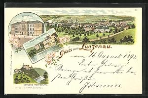 Bild des Verkufers fr Lithographie Lunzenau, Schulhaus, Vogel`sche Fabrik, Schloss Rochusburg zum Verkauf von Bartko-Reher