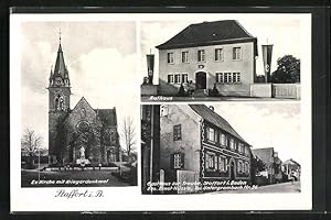 Ansichtskarte Staffort i. B., Gasthaus zur Traube, Ev. Kirche mit Kriegerdenkmal, Rathaus