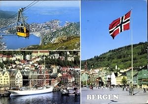 Bild des Verkufers fr Ansichtskarte / Postkarte Bergen Norwegen. Seilbahn, Passagierschiff, Norwegische Fahne zum Verkauf von akpool GmbH