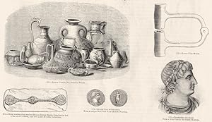 169. Roman Vessels, &c., found in Britain; 170. Roman Coin-Mould; 171. Metal coating of an ancien...