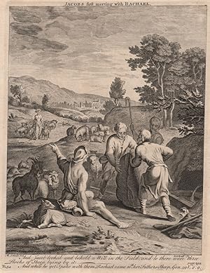 Seller image for And Jacob looked and behold a well in the field, and lo there were three flocks of sheep lying by it; And while he yetspake with them Rachael came with., her father's sheep for sale by Antiqua Print Gallery