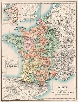 France in the 13th century after the Treaties of Paris 1259 & Amiens 1279; Inset map of France di...