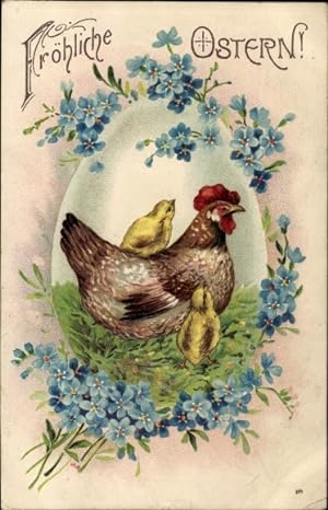 Präge Ansichtskarte / Postkarte Glückwunsch Ostern, Huhn mit Küken, Vergissmeinnicht
