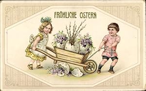 Präge Ansichtskarte / Postkarte Glückwunsch Ostern, Kinder mit Schubkarre, Eierschalen, Weidenkät...