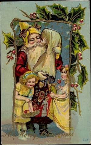 Präge Ansichtskarte / Postkarte Frohe Weihnachten, Weihnachtsmann, Kinder, Geschenke