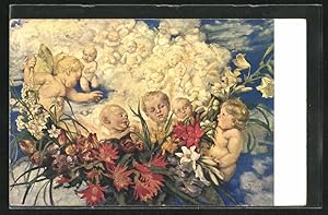 Bild des Verkufers fr Knstler-Ansichtskarte Hans Thoma: Engel in den Wolken mit Blumenarrangement zum Verkauf von Bartko-Reher