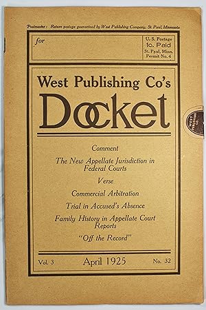 Seller image for WEST PUBLISHING CO'S DOCKET VOL. 3 APRIL 1925 NO. 32 for sale by Lost Time Books