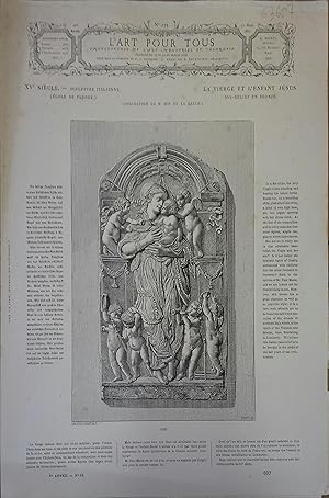 Imagen del vendedor de L'art pour tous, encyclopdie de l'art industriel et dcoratif. N 175. Contient quatre gravures en noir et blanc : Bas-relief en bronze "la Vierge et l'enfant Jsus" (Italie - Quinzime sicle) - Horloge en cuivre dor (Seizime sicle) - Candlabres grco-romains en bronze - Coffret en ivoire carolingien. 30 mars 1867. a la venta por Librairie Et Ctera (et caetera) - Sophie Rosire