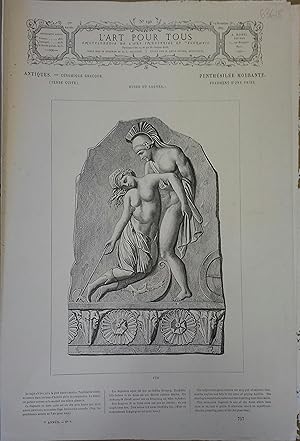 Bild des Verkufers fr L'art pour tous, encyclopdie de l'art industriel et dcoratif. N 190. Contient quatre gravures : Fragment d'une frise en terre cuite "Penthsile mourante" (Cramique grecque antique) - 2 gravures en couleurs : Carreau de faence maille et Plat en faence maille (cramiques persanes - 17e sicle) - Ostensoir en bois sculpt (14e sicle). 15 novembre 1867. zum Verkauf von Librairie Et Ctera (et caetera) - Sophie Rosire