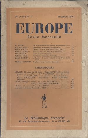 Europe. Revue mensuelle. 1946 N° 11. G. Monod - Max Deutsch - Gabriel Audisio - Aragon? Novembre ...