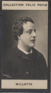 Photographie de la collection Félix Potin (4 x 7,5 cm) représentant : Adolphe Willette, peintre e...