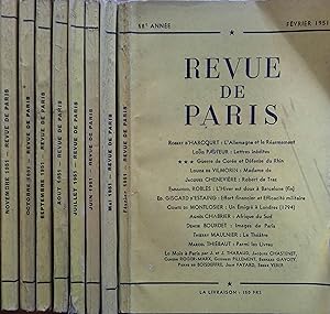 La revue de Paris. Année 1951 incomplète. Mensuel, de février à novembre 1951, sauf mars et avril.