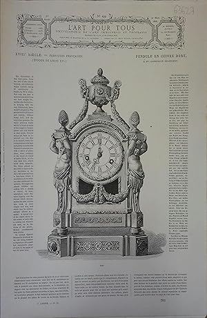 Imagen del vendedor de L'art pour tous, encyclopdie de l'art industriel et dcoratif. N 199. Contient quatre gravures en noir et blanc : Pendule en cuivre dor (18e sicle) - Entourages de vignettes par Le Petit-Bernard (16e sicle) - Aiguire et son bassin (Art persan - 16e sicle) - Cuirasse orne d'aprs un dessin indit de Jean Cousin (16e sicle). 30 mars 1868. a la venta por Librairie Et Ctera (et caetera) - Sophie Rosire