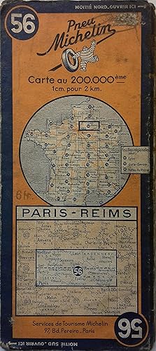 Ancienne Carte Michelin n° 56 : Paris-Reims. Carte au 200.000e. Révisée en 1939.