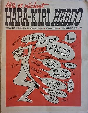 Premier numéro de l'Hebdo Hara-Kiri : Dessin de Wolinski : Le Biafra, Pompidou, Les pendus de Bag...