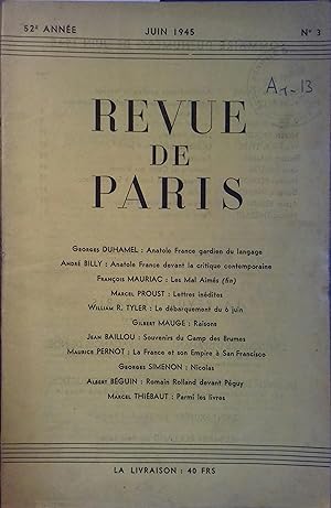 La revue de Paris N° 3 - Juin 1945. Mensuel. Duhamel, Billy, Mauriac, Lettres inédites de Marcel ...