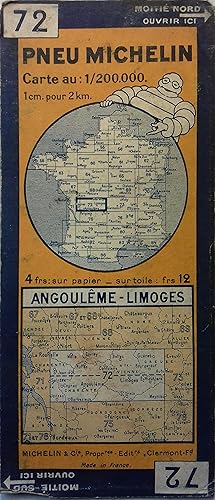 Ancienne Carte Michelin n° 72 : Angoulême - Limoges. Carte au 200.000e.