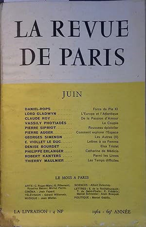 La revue de Paris N° 6, juin 1962. Juin 1962.