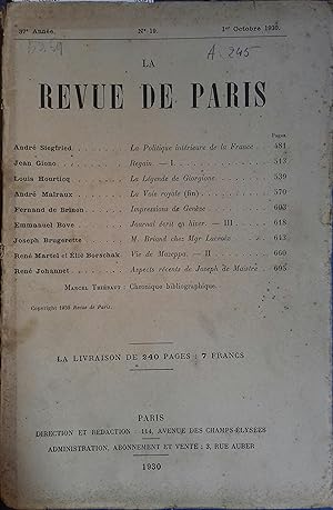 La revue de Paris. N° 19 - 1er octobre 1930. Bimensuel. 1er octobre 1930.