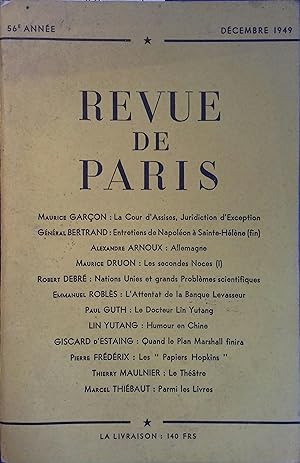 La revue de Paris, d cembre 1949. Maurice Gar on, G n ral Bertrand, Alexandre Arnoux, Maurice Dru...