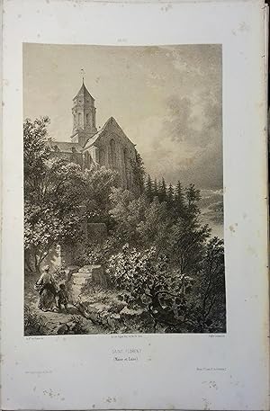 Saint-Florent-le-Vieil (Maine-et-Loire). Lithographie de Eugène Leroux : St Florent (l'église), d...