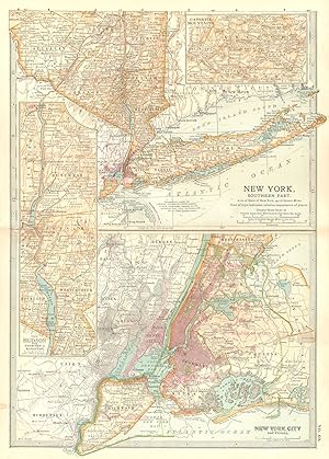 New York, Southern part; Inset map of Catskill Mountains, The Hudson from Yonkers to Kingston, Ne...