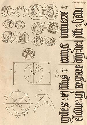 Seller image for [Fig 1 - A Saxon copper coin; Fig 2 - A copper medal or coin; Fig 3 - Idem; Fig 4 - A Roman coin, a reverse of Constantine; Fig 5 - A copper medal or coin; Fig 6 - A Roman copper medal or coin of Antoninus; Fig 7 - A Roman silver coin; Fig 8, 9, 10 - Astronomical diagrams; Fig 11 - Ancient inscription in the collection of E. R. Mores, Esq. for sale by Antiqua Print Gallery