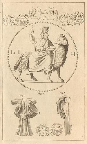 [Fig 1, 2 - A Roman fibula; Fig 3 - A Cast or medallion, from a statue at Patavia, a Priest ridin...