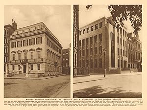 Seller image for Modern building contrasts: an institute and a warehouse in old London squares for sale by Antiqua Print Gallery