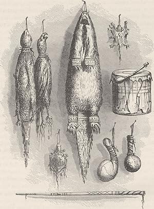 Bild des Verkufers fr Sioux Indian Tobacco Bags, Mystery whistle, rattles, and drum (partly after Catlin) zum Verkauf von Antiqua Print Gallery