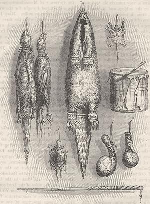 Bild des Verkufers fr Indian medicine bag, mystery whistle, rattles, and drums (after Catlin) zum Verkauf von Antiqua Print Gallery