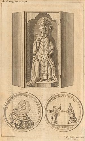 Image du vendeur pour [An alabaster figure of St. William, Abp. Of York, and nephew to King Stephen, found at Wakefield, in Yorkshire. A medal of Frederick II (or III), King of Prussia, struck in 1748 bearing his bust mis en vente par Antiqua Print Gallery