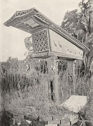 Seller image for Mortuary shrine - The simple form of mortuary shrine, containing relics of the deceased (see page 47), is sometimes, in the case of a very great man, replaced by an elaborate decorated erection, such as appears in the above figure of a shrine in one of the Solomon Islands for sale by Antiqua Print Gallery