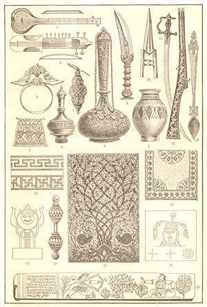 Bild des Verkufers fr East Indian Manufactures; 1,2. Musical Instruments; 3. Bangle; 4. Pendant of a Necklace; 5,6. Vases of Glazed Pottery; 7. Earring; 8. Engraved and Gilded bottle; 9. Spearhead; 10. Dagger, from Khuttar; 11. Saw-edge Sabre; 12. Flint Matchlock; 13. Wooden Spoon; 14. Border of a mat; 15. Symbol of juggernaut; 16. Nose Ornament; 17. Printed cotton; 18. Cotton Carpet; 19. Emblem of Jain sect; 20. Illuminated Manuscript zum Verkauf von Antiqua Print Gallery