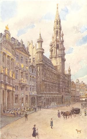 Seller image for Hotel de Ville, a corner of the Grande place, showing La Maison des Brasseurs, La Maison du Cygne, and La Maison de l'Etoile, Brussels for sale by Antiqua Print Gallery