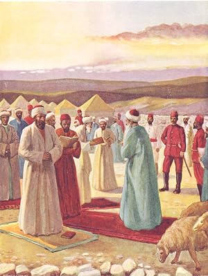 Immagine del venditore per The Samaritan Passover - When the guard of Turkish soldiers is sufficiently strong to maintain order, and permit the Samaritans to meet in the open air, the law is read as they stand inside a circle of stones. At sunset they assemble in this enclosure for the Passover, and the men, facing the high priest, recite exodus XII., 6. The lambs are seized by the Shochetim, examined by the high priest, and slain: then hastily prepared for roasting in the pit of fire venduto da Antiqua Print Gallery