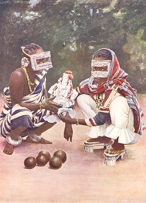 Seller image for Swahili women with a fetish, Zanzibar - The "fetish," which the women hold, guards their happiness and keeps off the spirits of evil. Only upper-class women wear the masks shown, which are made of leather and beads on a wooden frame. The fashion is derived from the traditional usage of moslem women who must keep their faces covered when abroad for sale by Antiqua Print Gallery