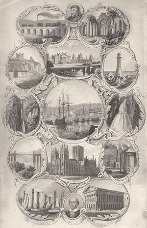 Seller image for Frontispiece; Manchester Railway; Tintern Abbey; Dover Castle; Blenheim House; Eddystone Lighthouse; Devil's Bridge Wales; Portsmouth harbour; Scarsdale Waterfall; Menai Bridge; York Minister; Rochdale Iron works; Stone Henge; Shakspeare; Birmingham Town Hall for sale by Antiqua Print Gallery