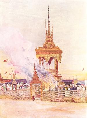 Immagine del venditore per The Cremation of Pongyi - When a Burman monk or pongyi (the "great glory") dies, he is never buried, but always burnt. The funeral pyre is made of bamboo, and the framework is covered over with gilt paper and tinsel, and forms quite a striking spectacle. It takes a long time to build, and therefore it is not lighted as one might light a fire. Ropes lead from all sides and, along these, rockets are guided towards it. The rocket that kindles the spire brings much good luck to the village that has furnished it, and the gaily dressed crowd dance with delight venduto da Antiqua Print Gallery