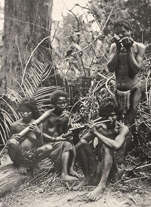 Primitive "Jungle Music." - Primitive musical instruments used by the wild Sakai of Perak at thei...