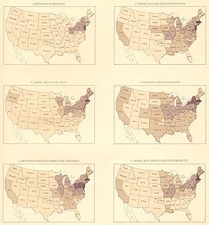 Imagen del vendedor de Value of products of manufactures per square mile: 1900; 1. Petroleum refining; 2.Chemicals and Allied products; 3. Paper and wood pulp; 4. Printing and publishing; 5. Leather (Tanned, curried and finished); 6. Boots and shoes (Factory Product) a la venta por Antiqua Print Gallery