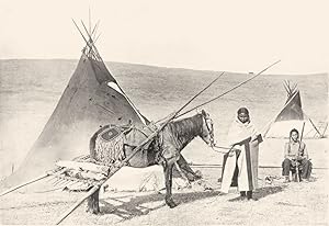 North American Indians in Camp - For the travois two lodge poles are tied crossing in front of th...