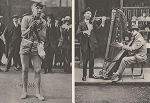 Two types of entertainer : Weirdly-Garbed Houdini of the Pit Queue and a wandering Harpist