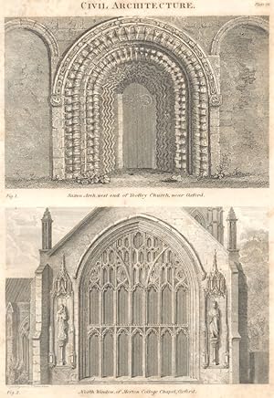 Civil Architecture; Fig. 1. Saxon Arch, West end of Yeofley Church, near Oxford; Fig. 2. North Wi...
