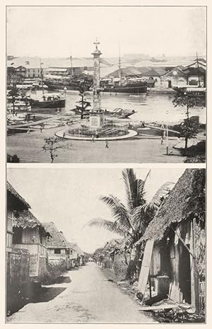 1. Magellan Monument by the Pasag River, Manilla; 2. A street of Nipa huts in Manilla